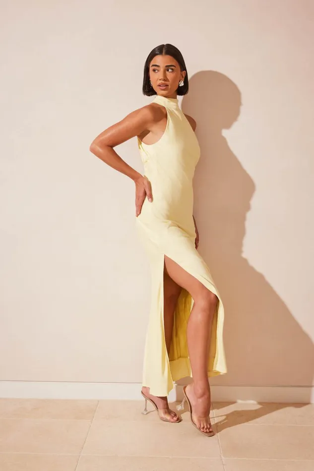 Women Meshki Dresses Claire Matte Satin Drape Back Maxi Dress 8211 Light Yellow