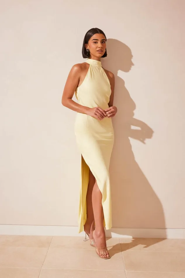 Women Meshki Dresses Claire Matte Satin Drape Back Maxi Dress 8211 Light Yellow
