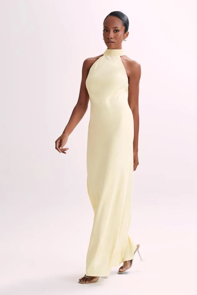 Women Meshki Dresses Claire Matte Satin Drape Back Maxi Dress 8211 Light Yellow