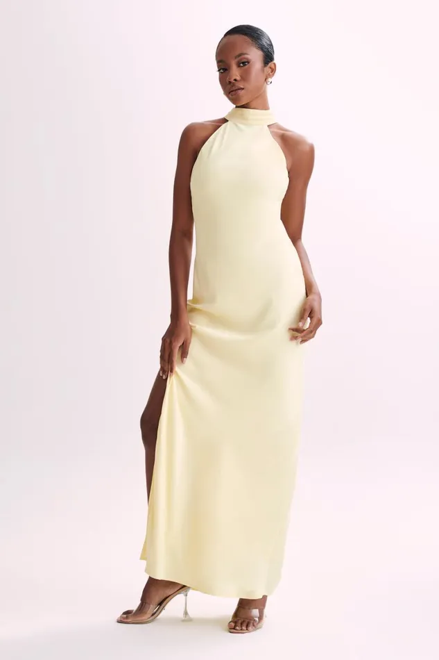 Women Meshki Dresses Claire Matte Satin Drape Back Maxi Dress 8211 Light Yellow