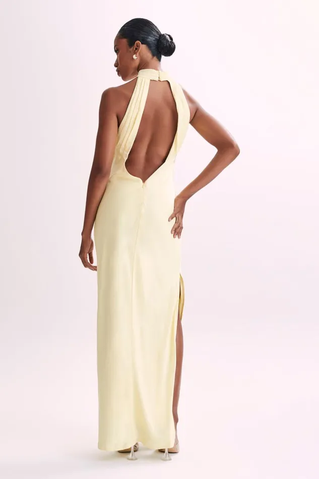 Women Meshki Dresses Claire Matte Satin Drape Back Maxi Dress 8211 Light Yellow