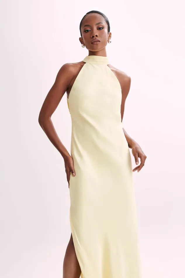 Women Meshki Dresses Claire Matte Satin Drape Back Maxi Dress 8211 Light Yellow