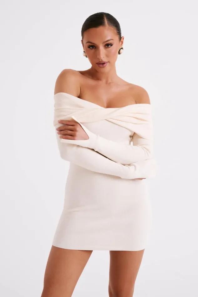 Women Meshki Dresses Clover Off Shoulder Knit Mini Dress 8211 Cream