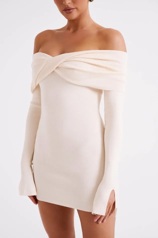 Women Meshki Dresses Clover Off Shoulder Knit Mini Dress 8211 Cream