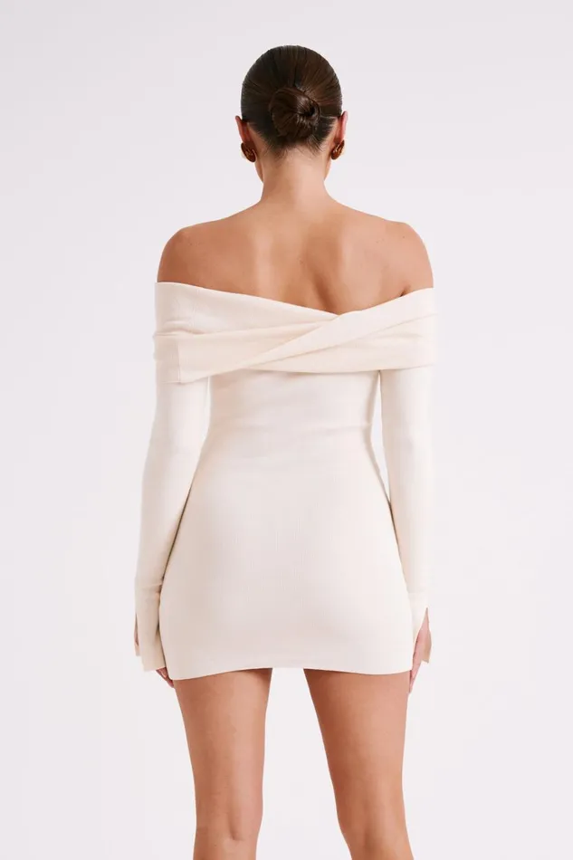 Women Meshki Dresses Clover Off Shoulder Knit Mini Dress 8211 Cream