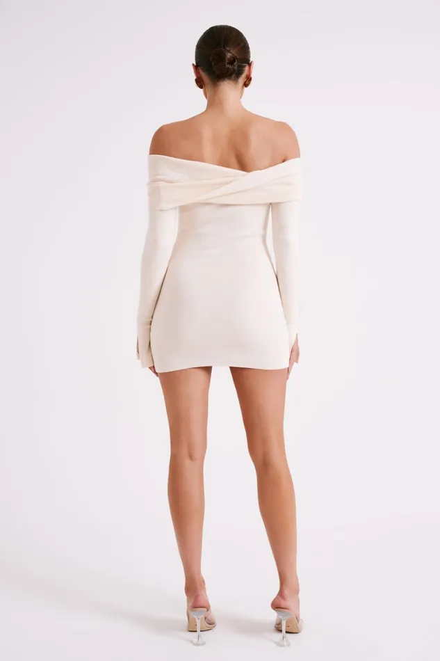 Women Meshki Dresses Clover Off Shoulder Knit Mini Dress 8211 Cream