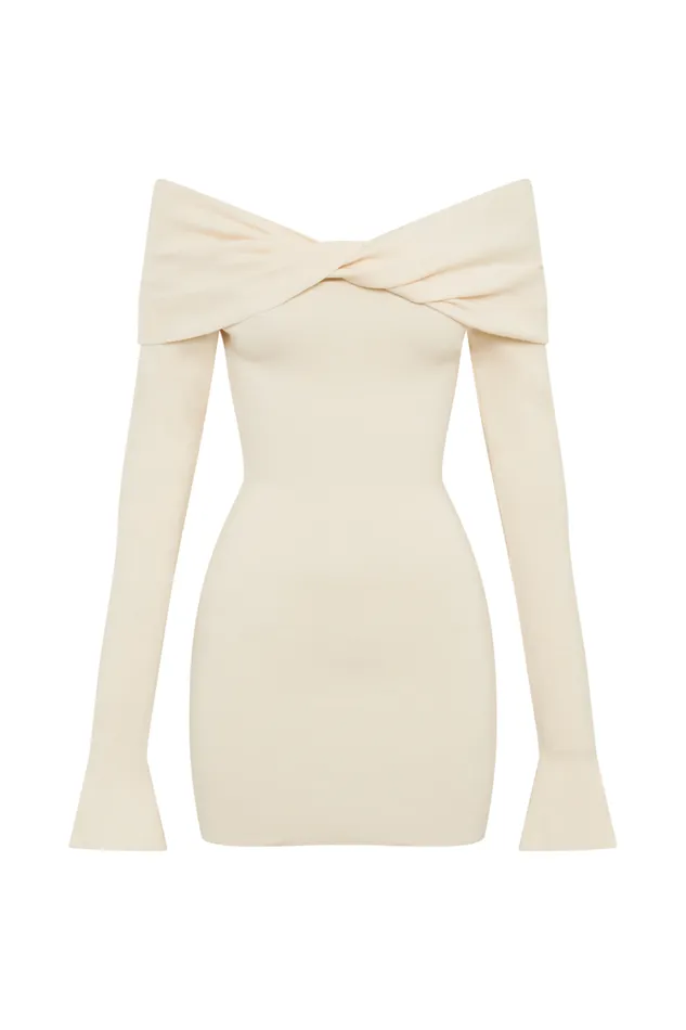 Women Meshki Dresses Clover Off Shoulder Knit Mini Dress 8211 Cream
