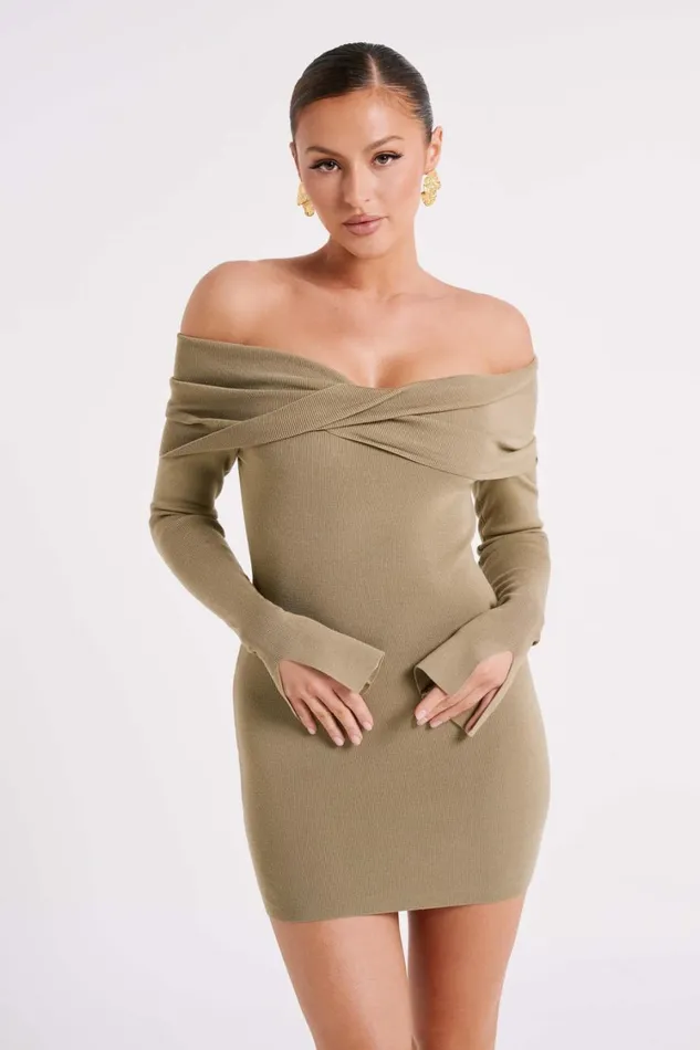Women Meshki Dresses Clover Off Shoulder Knit Mini Dress 8211 Olive