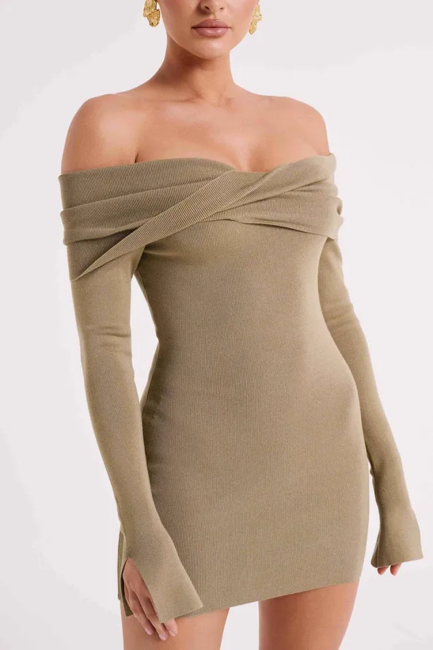 Women Meshki Dresses Clover Off Shoulder Knit Mini Dress 8211 Olive