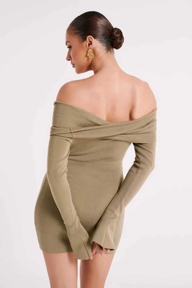 Women Meshki Dresses Clover Off Shoulder Knit Mini Dress 8211 Olive