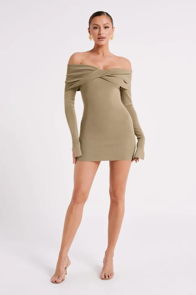 Women Meshki Dresses Clover Off Shoulder Knit Mini Dress 8211 Olive