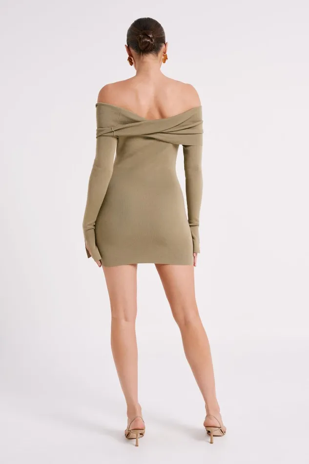 Women Meshki Dresses Clover Off Shoulder Knit Mini Dress 8211 Olive