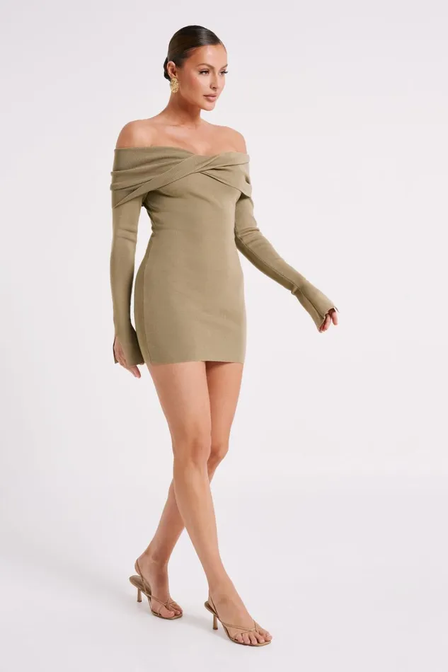 Women Meshki Dresses Clover Off Shoulder Knit Mini Dress 8211 Olive