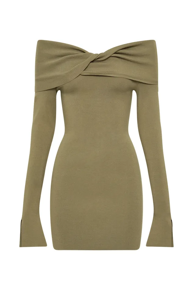 Women Meshki Dresses Clover Off Shoulder Knit Mini Dress 8211 Olive