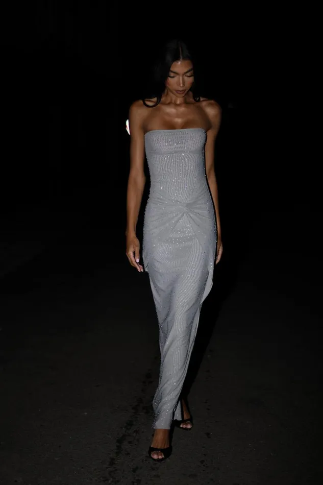 Women Meshki Dresses Crishelle Hot Fix Mesh Maxi Dress 8211 Gunmetal
