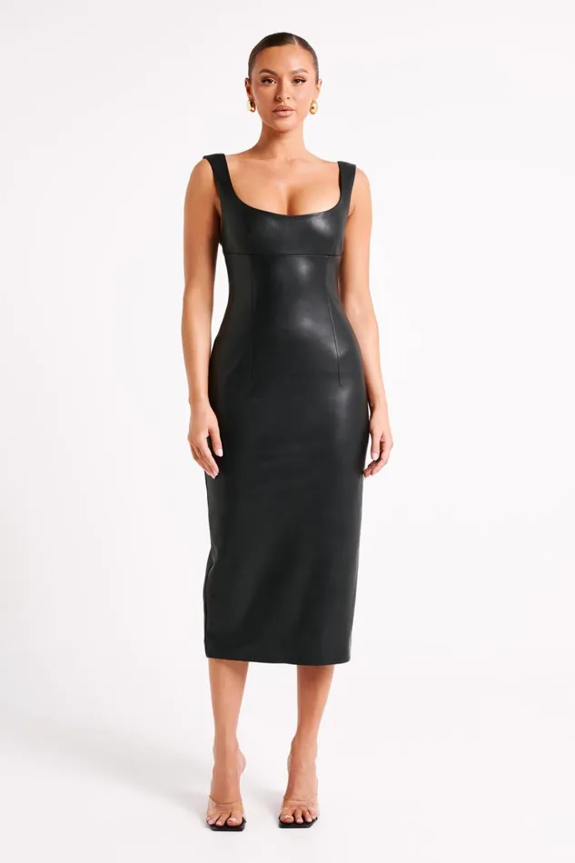 Women Meshki Dresses Cynthia Faux Leather Midi Dress 8211 Black