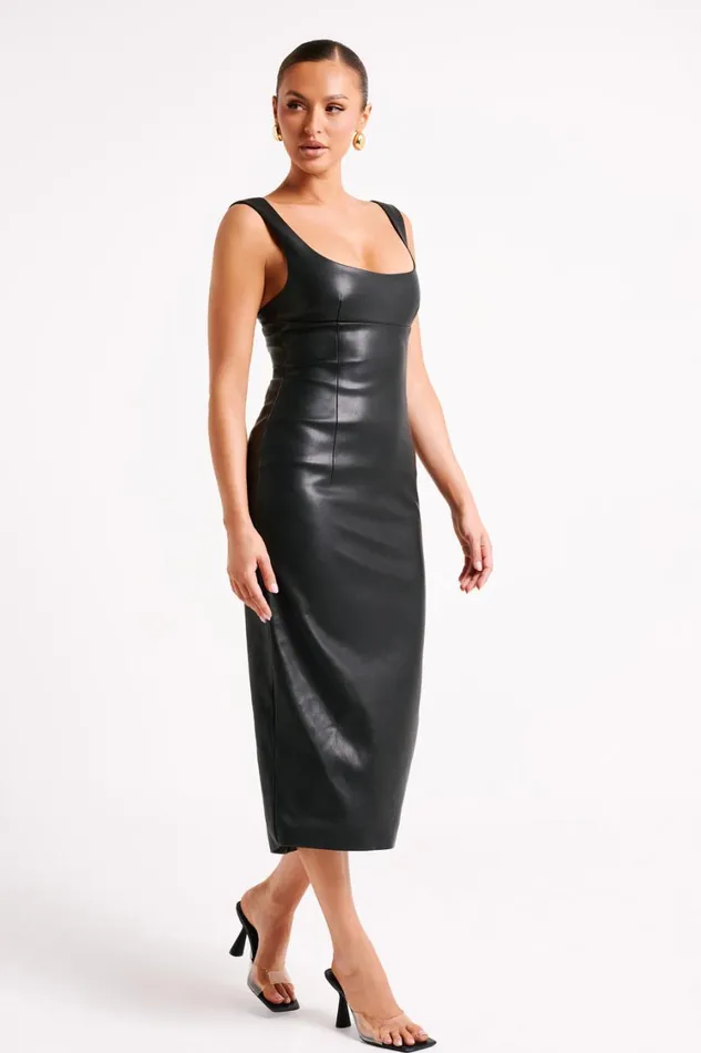 Women Meshki Dresses Cynthia Faux Leather Midi Dress 8211 Black
