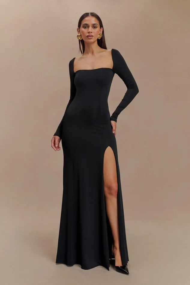 Women Meshki Dresses Desirie Slinky Long Sleeve Maxi Dress With Split 8211 Black