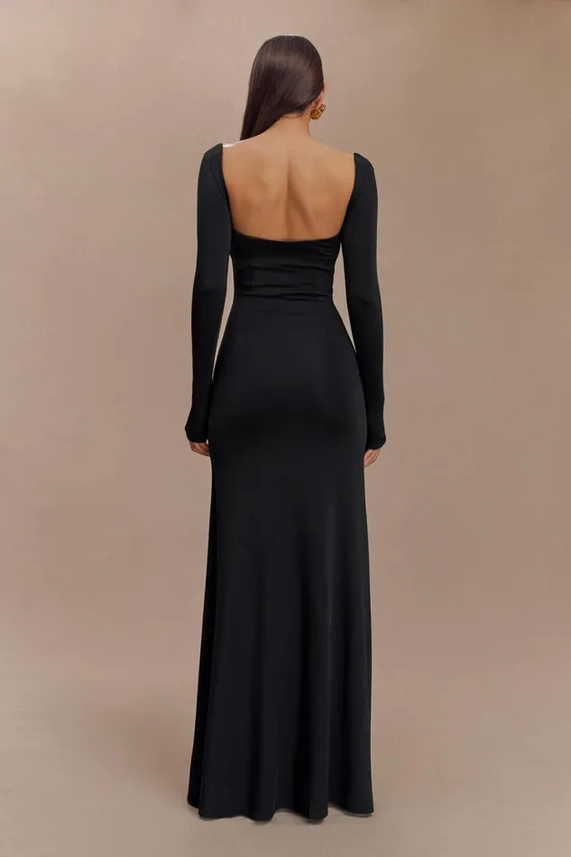 Women Meshki Dresses Desirie Slinky Long Sleeve Maxi Dress With Split 8211 Black