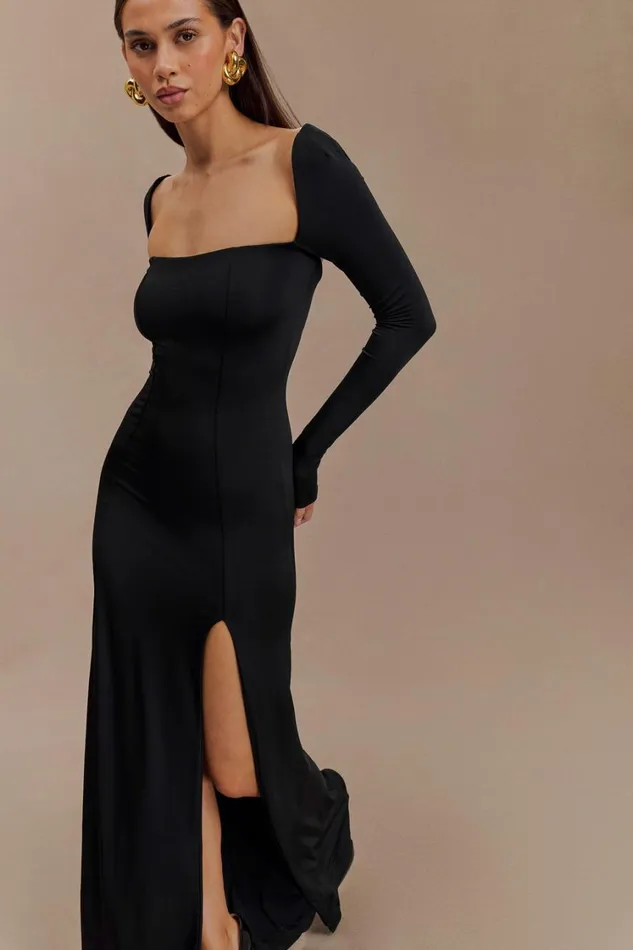 Women Meshki Dresses Desirie Slinky Long Sleeve Maxi Dress With Split 8211 Black