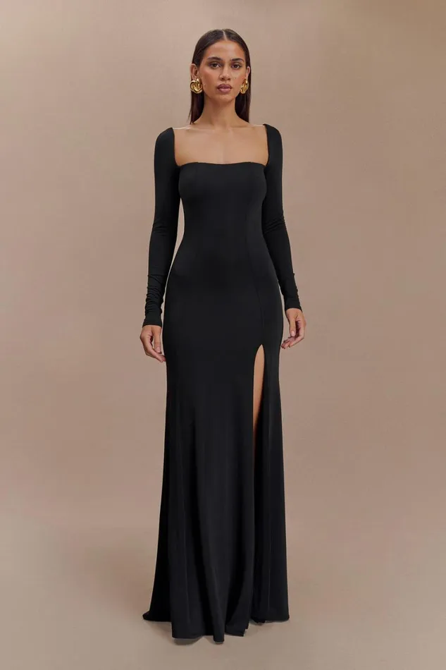 Women Meshki Dresses Desirie Slinky Long Sleeve Maxi Dress With Split 8211 Black