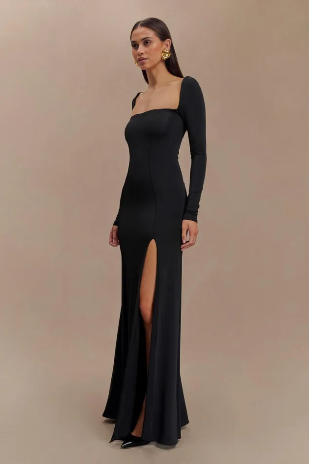 Women Meshki Dresses Desirie Slinky Long Sleeve Maxi Dress With Split 8211 Black