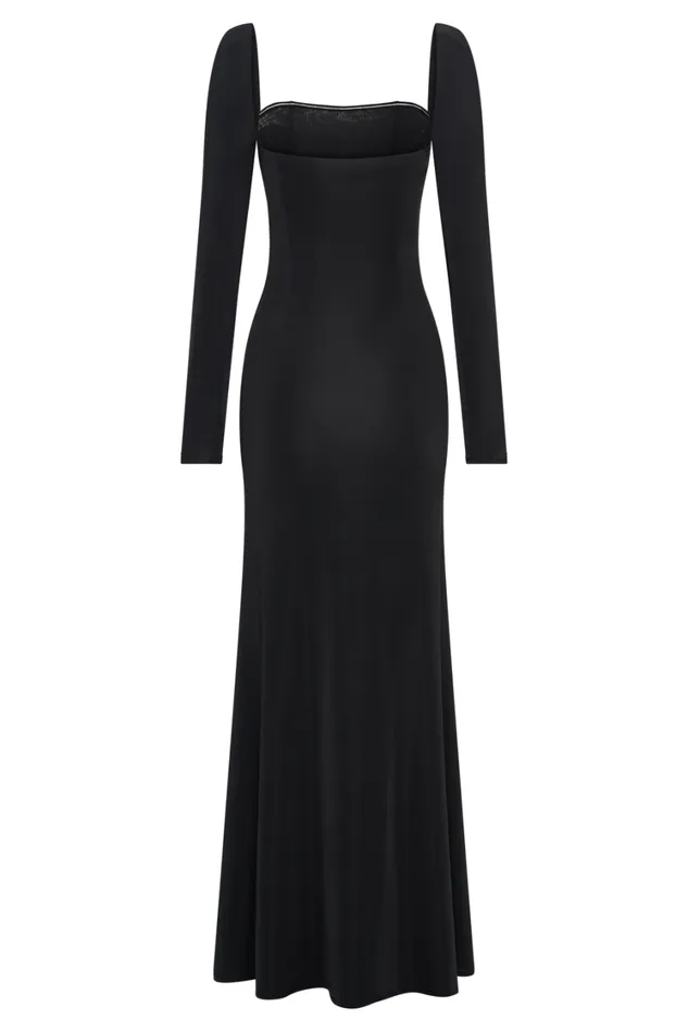 Women Meshki Dresses Desirie Slinky Long Sleeve Maxi Dress With Split 8211 Black