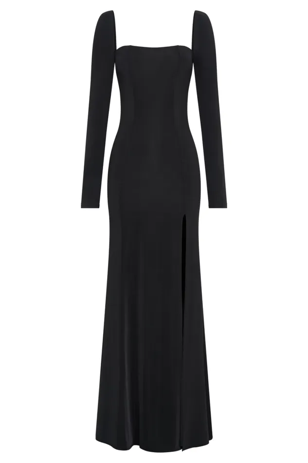 Women Meshki Dresses Desirie Slinky Long Sleeve Maxi Dress With Split 8211 Black