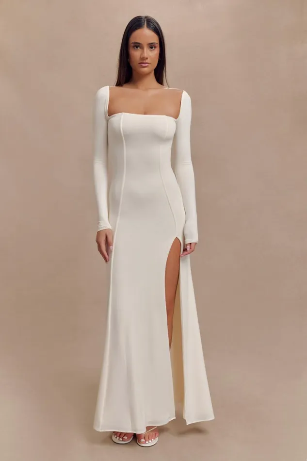 Women Meshki Dresses Desirie Slinky Long Sleeve Maxi Dress With Split 8211 Ivory