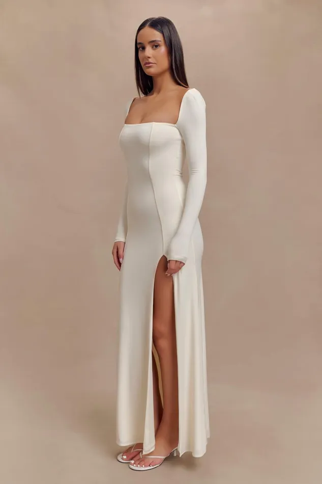 Women Meshki Dresses Desirie Slinky Long Sleeve Maxi Dress With Split 8211 Ivory