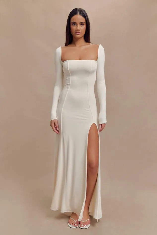 Women Meshki Dresses Desirie Slinky Long Sleeve Maxi Dress With Split 8211 Ivory