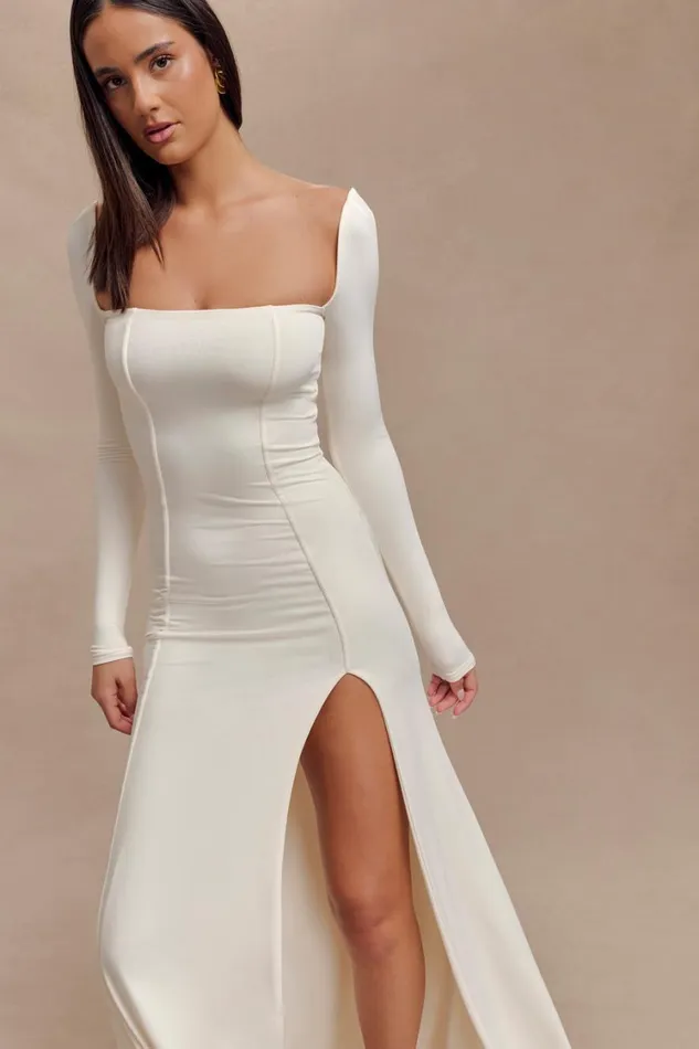 Women Meshki Dresses Desirie Slinky Long Sleeve Maxi Dress With Split 8211 Ivory