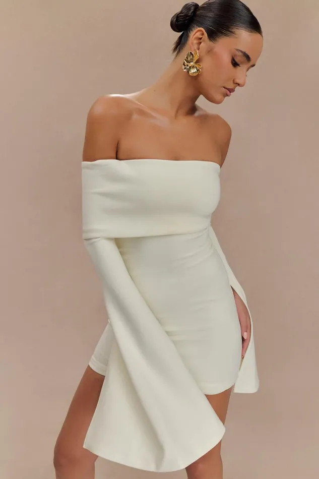 Women Meshki Dresses Dominique Off Shoulder Long Sleeve Mini Dress 8211 Ivory