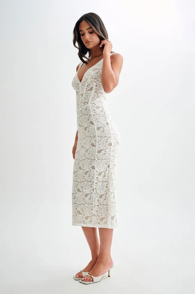 Women Meshki Dresses Doria Lace Plisse Midi Dress 8211 Ivory