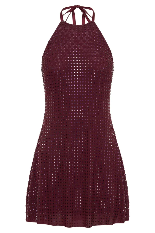 Women Meshki Dresses Dorothy Square Diamante Halter Mini Dress 8211 Burgundy