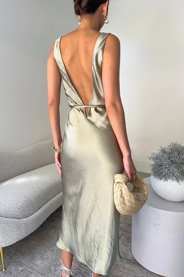 Women Meshki Dresses Elouise Tie Around Satin Midi Dress 8211 Sage