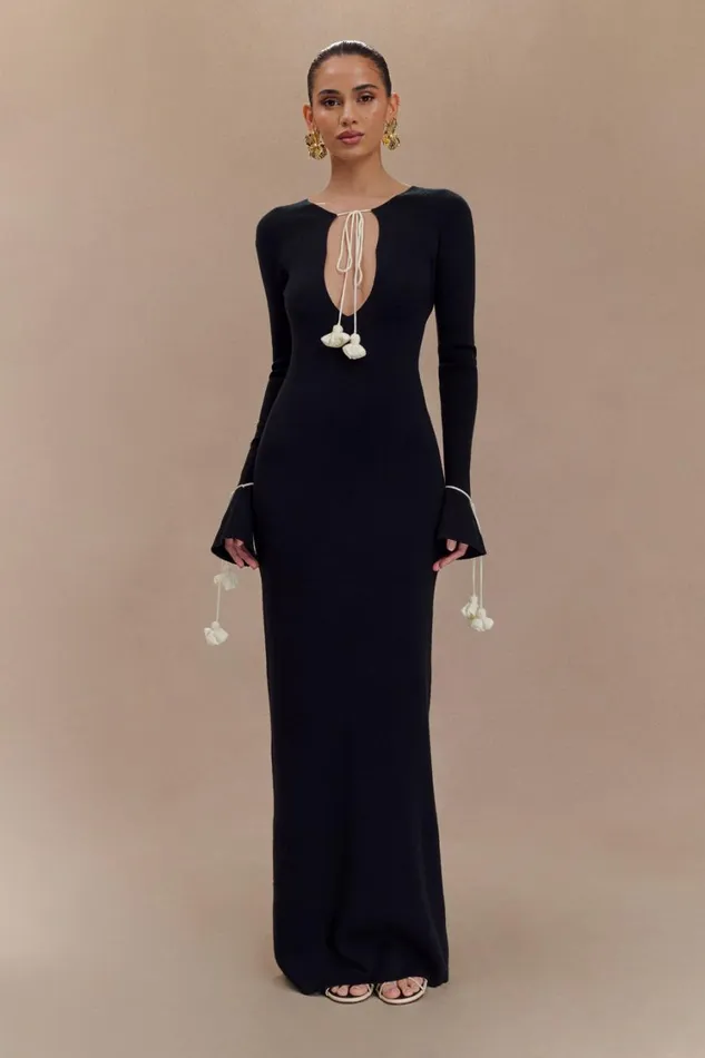 Women Meshki Dresses Erica Knit Maxi Dress With Floral Ties 8211 Black And White Women Meshki Dresses Erica Knit Maxi Dress With Floral Ties 8211 Black And White
