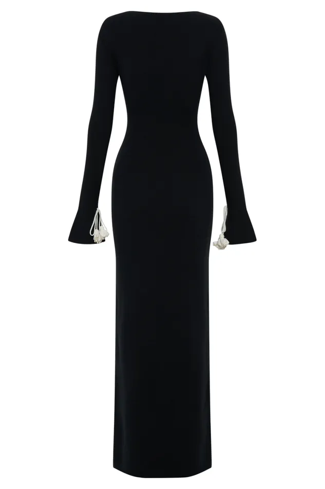 Women Meshki Dresses Erica Knit Maxi Dress With Floral Ties 8211 Black And White