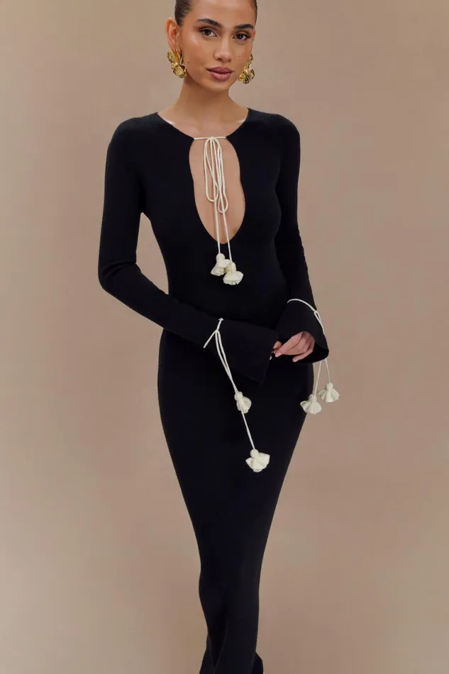 Women Meshki Dresses Erica Knit Maxi Dress With Floral Ties 8211 Black And White