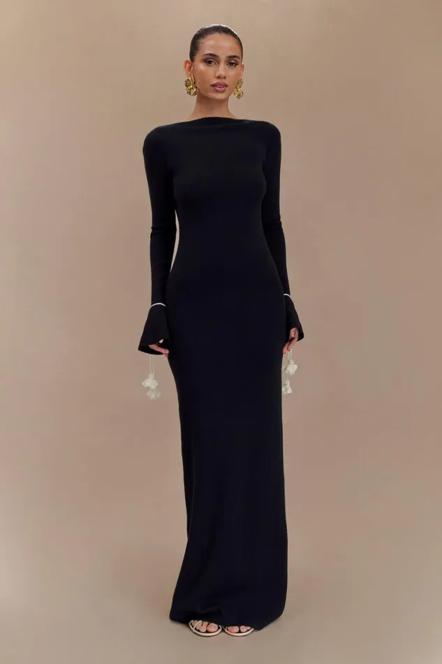 Women Meshki Dresses Erica Knit Maxi Dress With Floral Ties 8211 Black And White