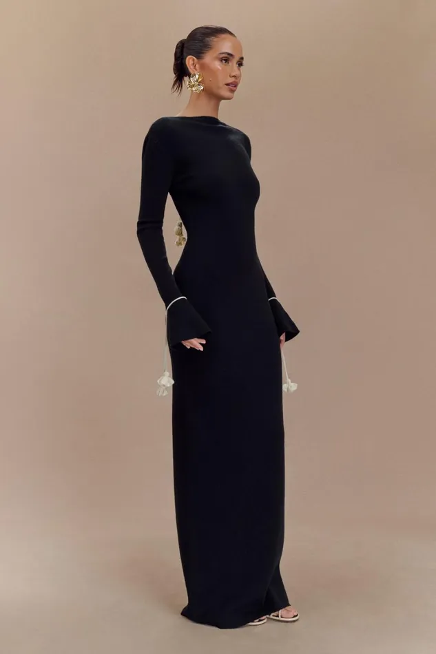 Women Meshki Dresses Erica Knit Maxi Dress With Floral Ties 8211 Black And White