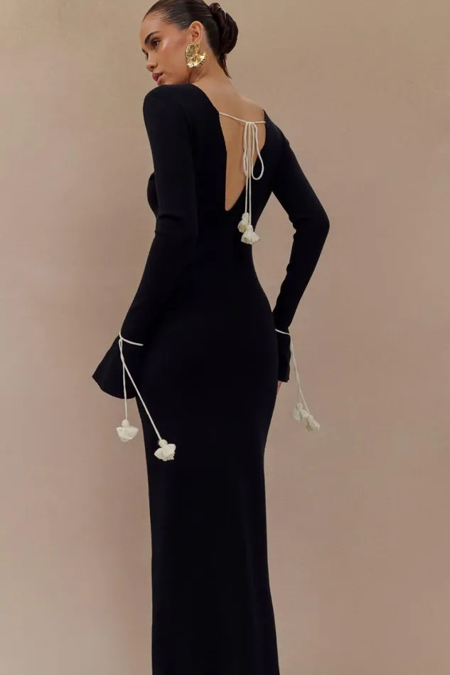 Women Meshki Dresses Erica Knit Maxi Dress With Floral Ties 8211 Black And White