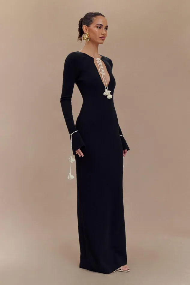 Women Meshki Dresses Erica Knit Maxi Dress With Floral Ties 8211 Black And White
