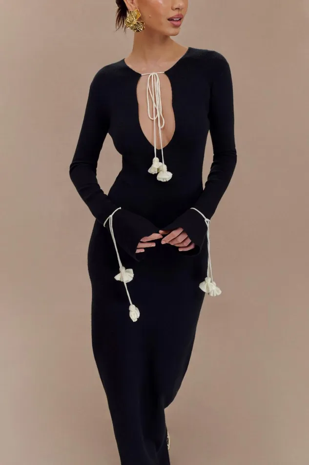 Women Meshki Dresses Erica Knit Maxi Dress With Floral Ties 8211 Black And White