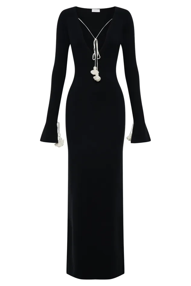 Women Meshki Dresses Erica Knit Maxi Dress With Floral Ties 8211 Black And White