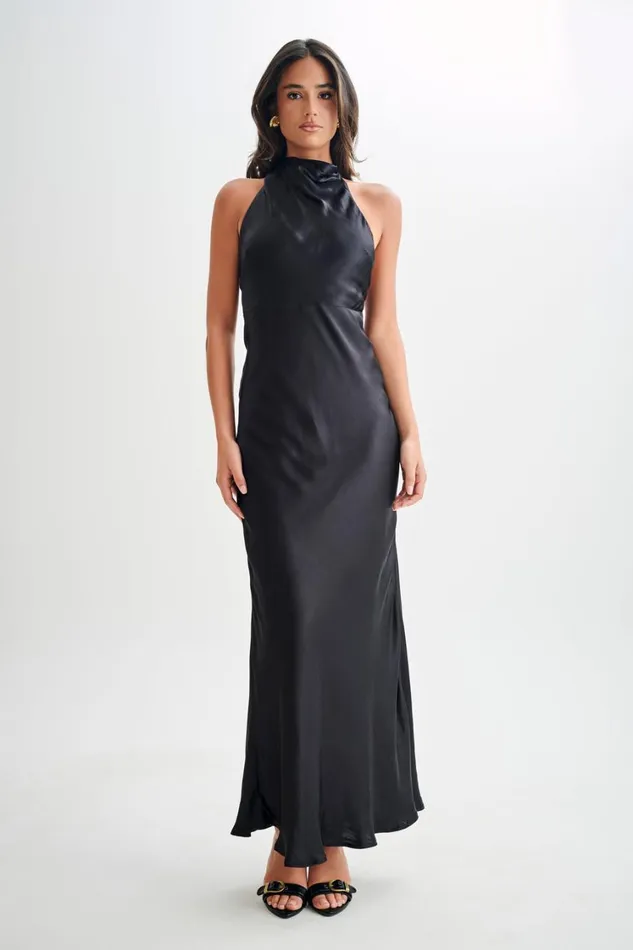 Women Meshki Dresses Esther Iridescent Satin Cowl Maxi Dress 8211 Black