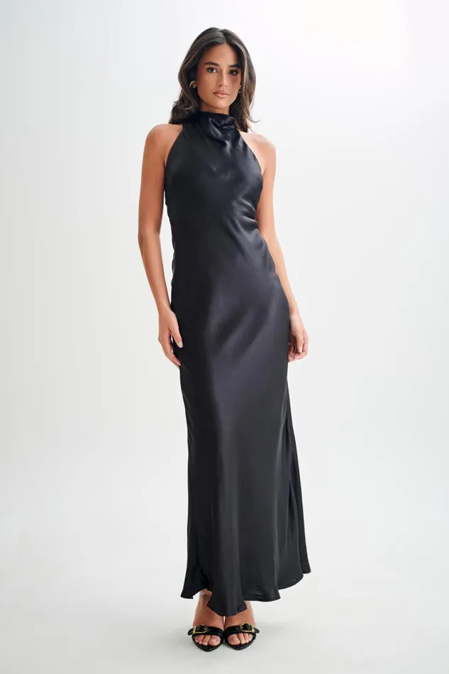 Women Meshki Dresses Esther Iridescent Satin Cowl Maxi Dress 8211 Black
