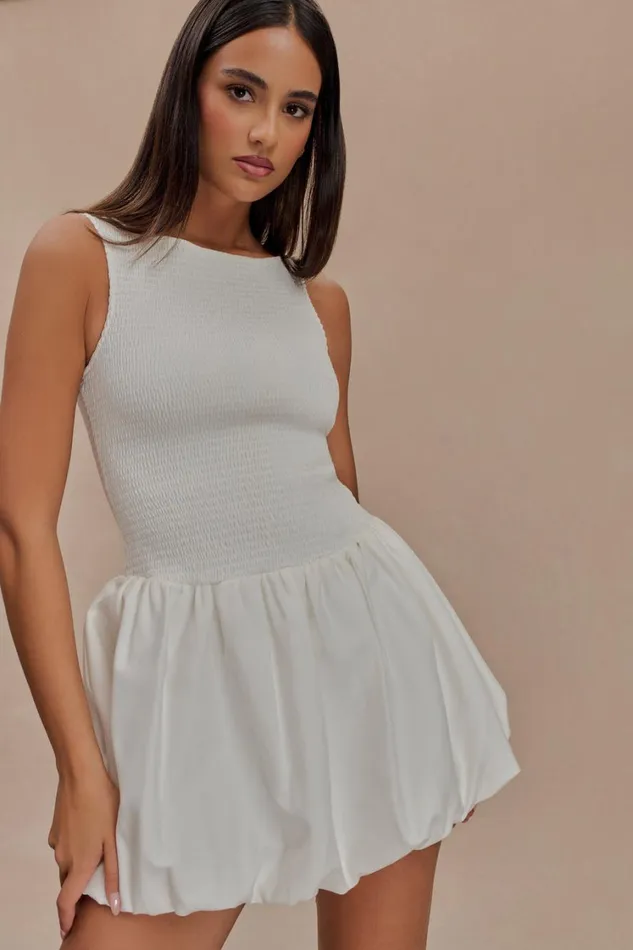 Women Meshki Dresses Felicity Shirring Bubble Cotton Mini Dress 8211 White