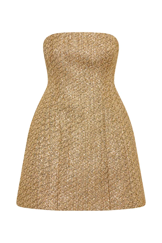 Women Meshki Dresses Gala Strapless Tweed Mini Dress 8211 Gold