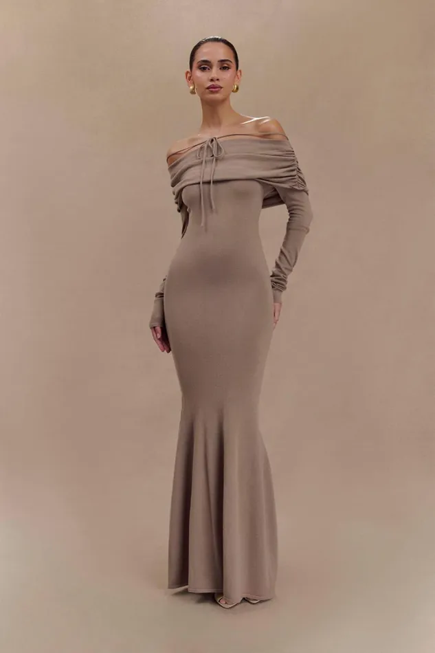 Women Meshki Dresses Georgiana Off Shoulder Knit Midi Dress 8211 Stone Marle